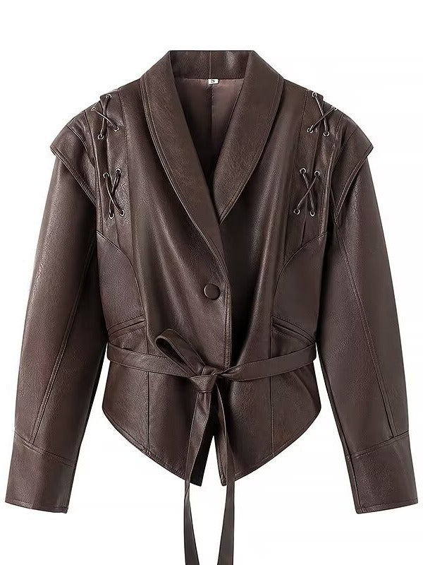 Womens Winter Leather Jacket with Belt and Collar