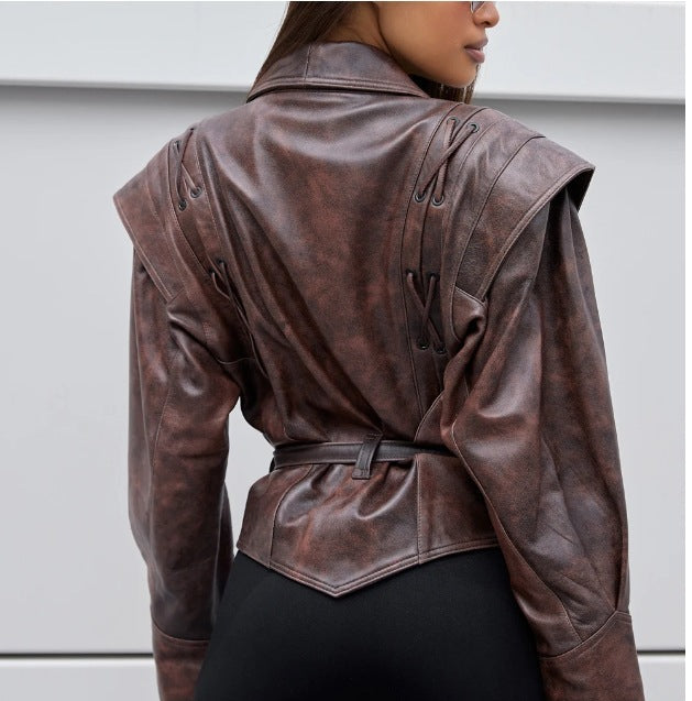 Womens Winter Leather Jacket with Belt and Collar